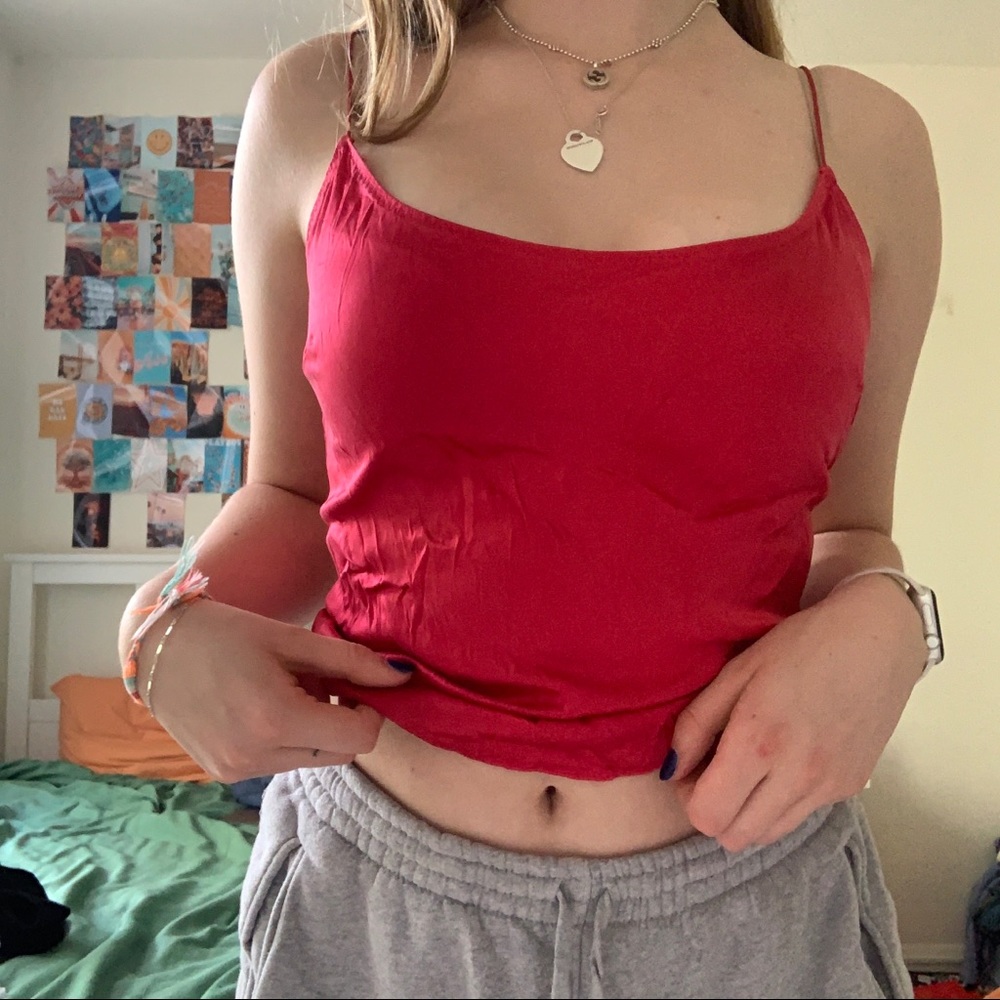 red silk tank top